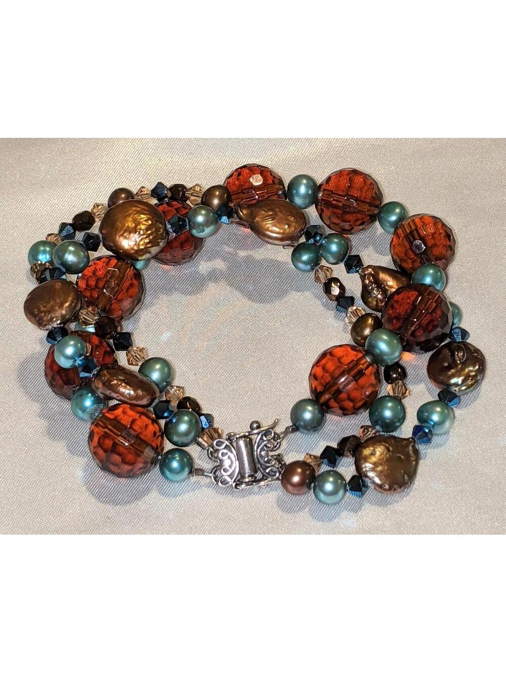 VTG 3-Strand Colorful Art Glass Abalone Bracelet Sterling Silver Butterfly Clasp